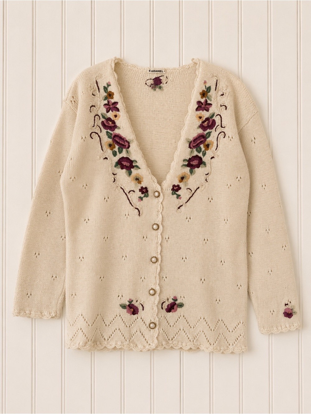 Vintage Cream Floral Embroidered V-Neck Cardigan Sweater